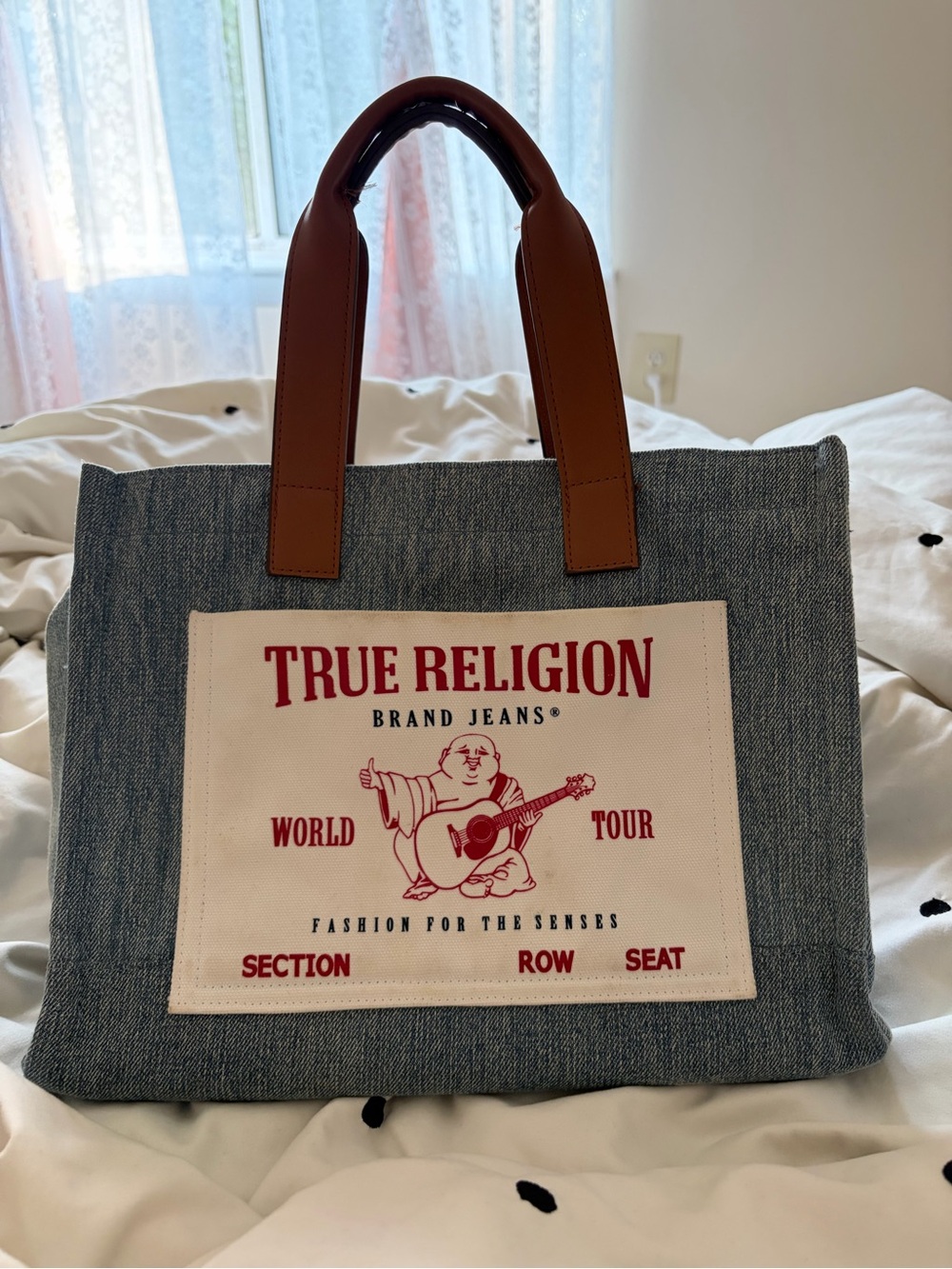 True Religion Denim Tote Bag with Brown Handles and Red Logo